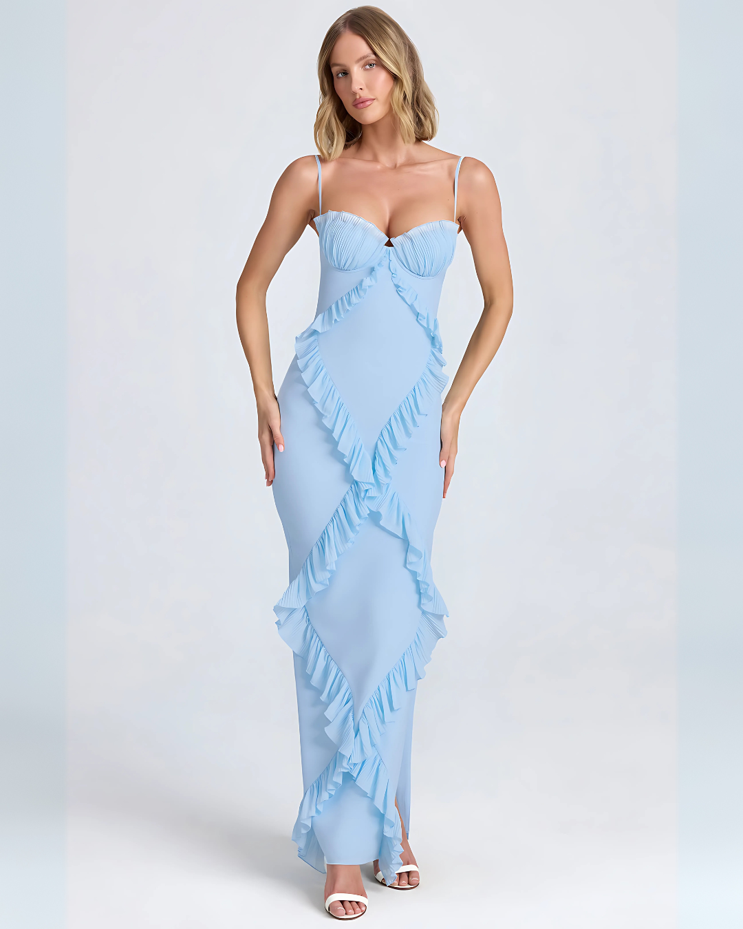 Vestido Feminino Vittore Ayla com Fenda Lateral, Plissado e com Decote -Azul