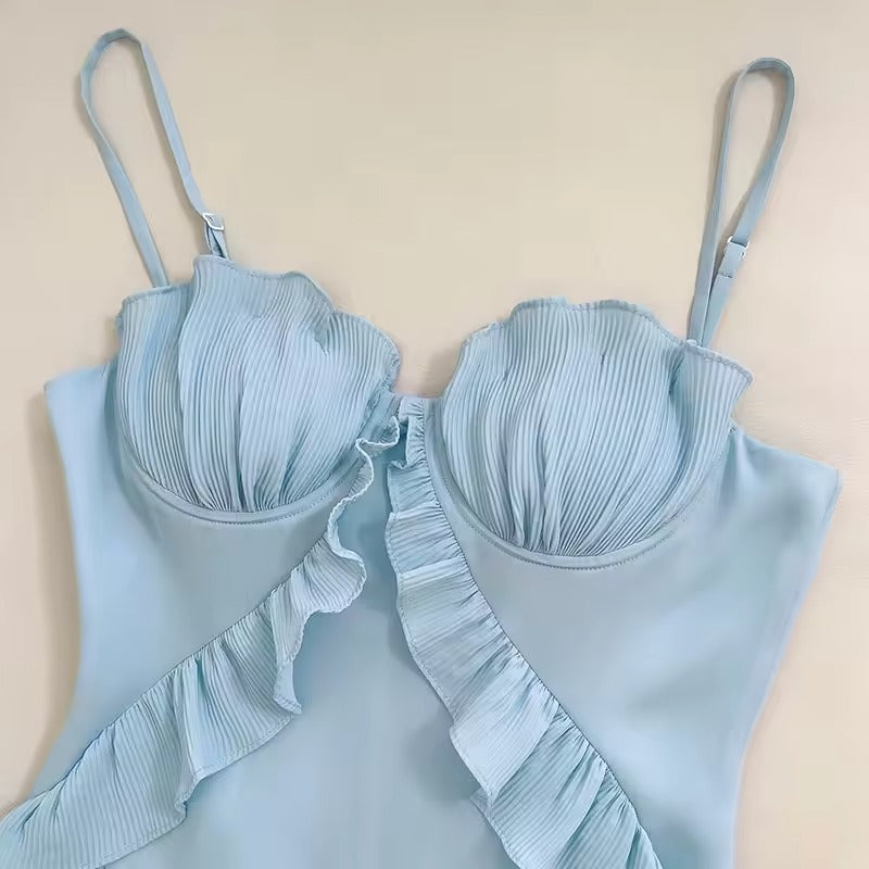 Vestido Feminino Vittore Ayla com Fenda Lateral, Plissado e com Decote -Azul