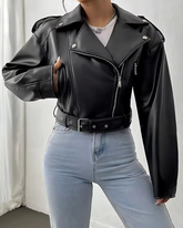 Jaqueta Feminina Vittore de Couro, Estilo Rocker com Cinto de Fivela e Zíper