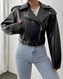 Jaqueta Feminina Vittore de Couro, Estilo Rocker com Cinto de Fivela e Zíper
