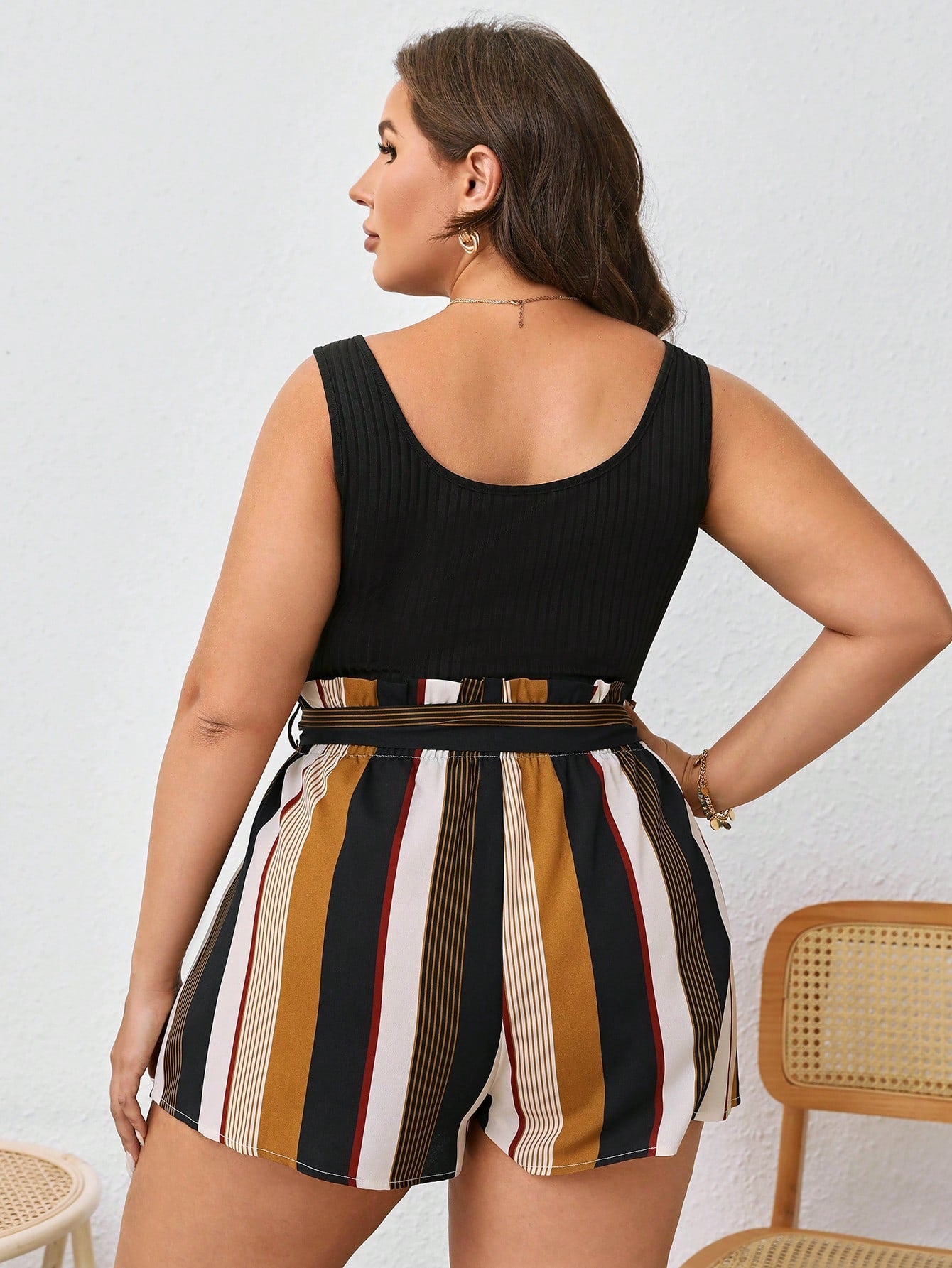 Macaquinho Feminino Plus Size Regata Listrado-Vittore Modas