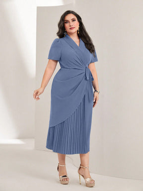 Vestido Midi Plus Size Elegante Decote V Plissado-Vittore Modas