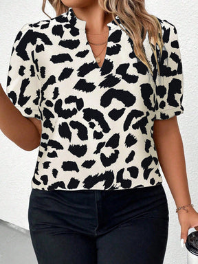 Blusa Feminina Manga Curta Bufante Leopardo Plus Size