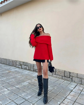 Suéter Feminino Vittore Eloa com Gola Larga Deslocada e Manga Longa Soltinha