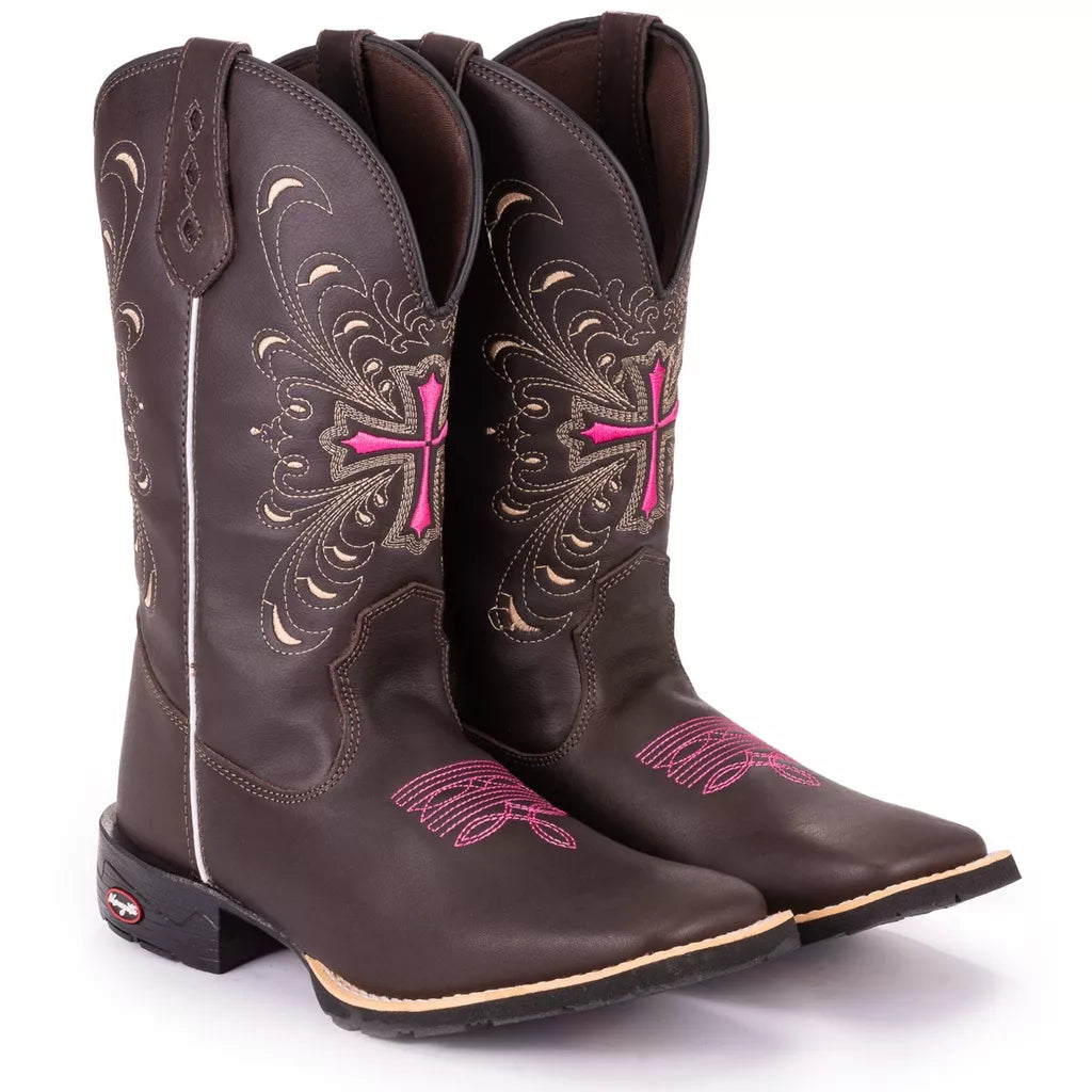 Bota Texana Feminina Country Em Couro Cruz Rosa-Vittore Modas