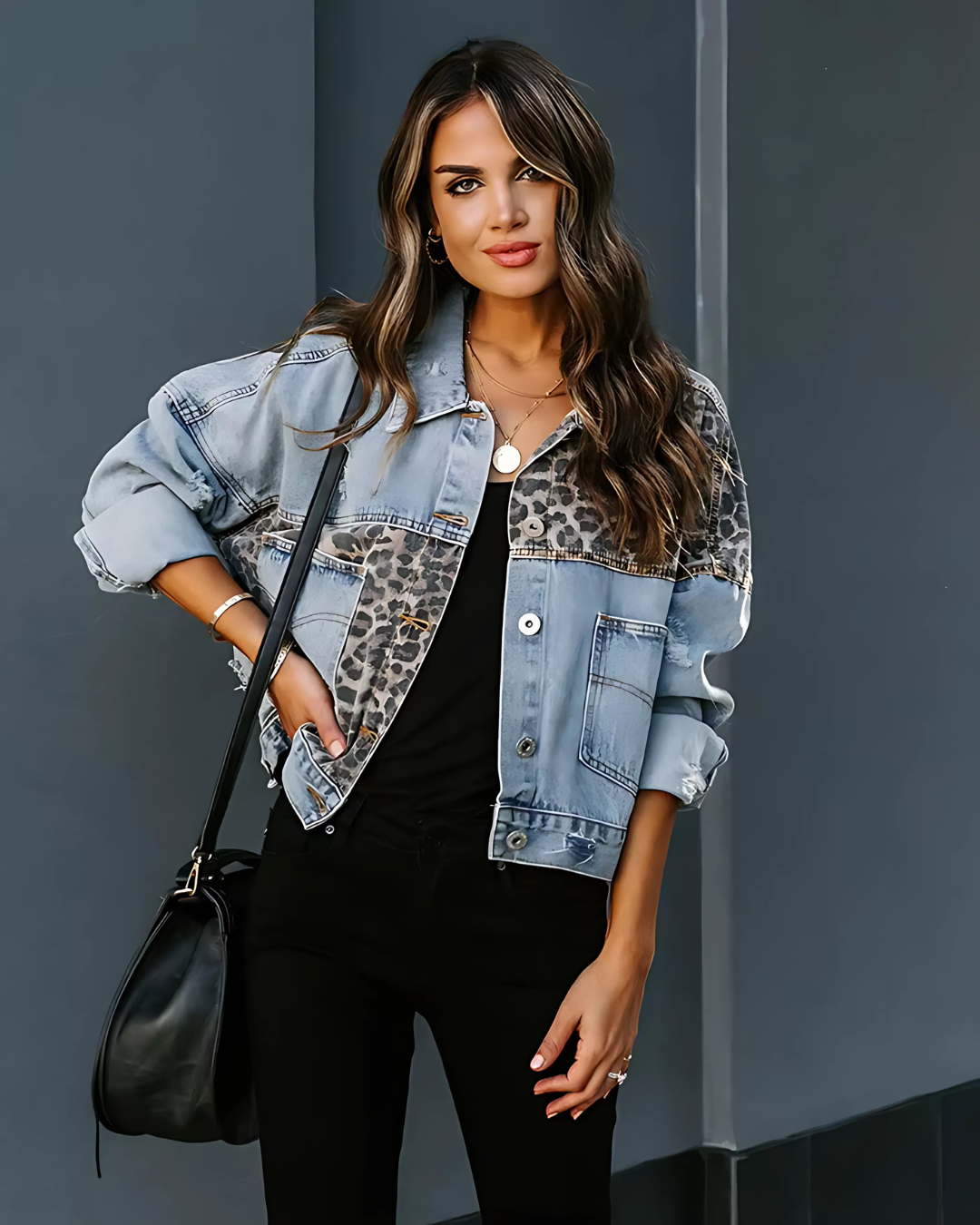 Jaqueta Jeans Vittore Mellina com Estampa de Onça e Bolsos Frontais