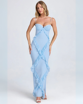 Vestido Feminino Vittore Ayla com Fenda Lateral, Plissado e com Decote -Azul