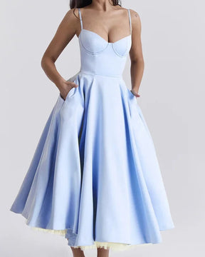 Vestido Feminino Vittore Bruna Midi com Camadas e Alça Fina- Azul