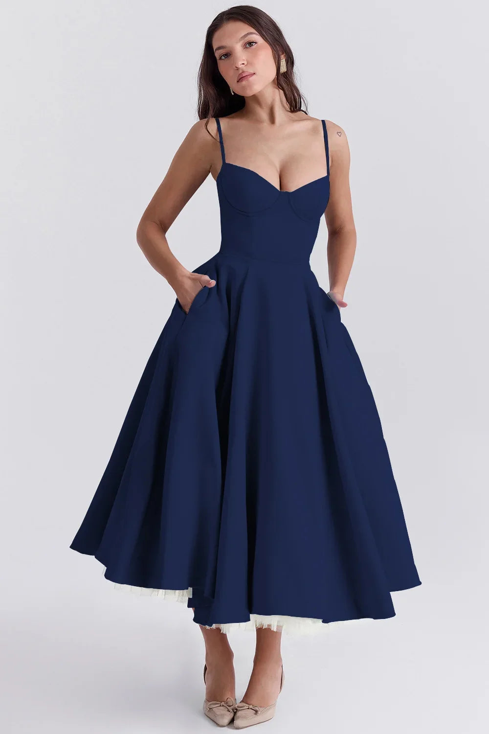 Vestido Feminino Vittore Bruna Midi com Camadas e Alça Fina- Azul