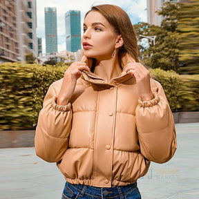 Jaqueta Puffer Feminina em Couro Acolchoada