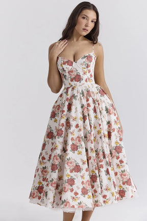 Vestido Feminino Vittore Bruna  Midi com Camadas e Alça Fina- Rose e Estampado