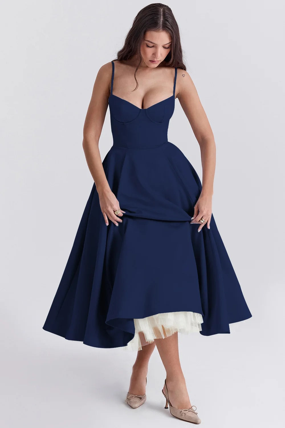 Vestido Feminino Vittore Bruna Midi com Camadas e Alça Fina- Azul