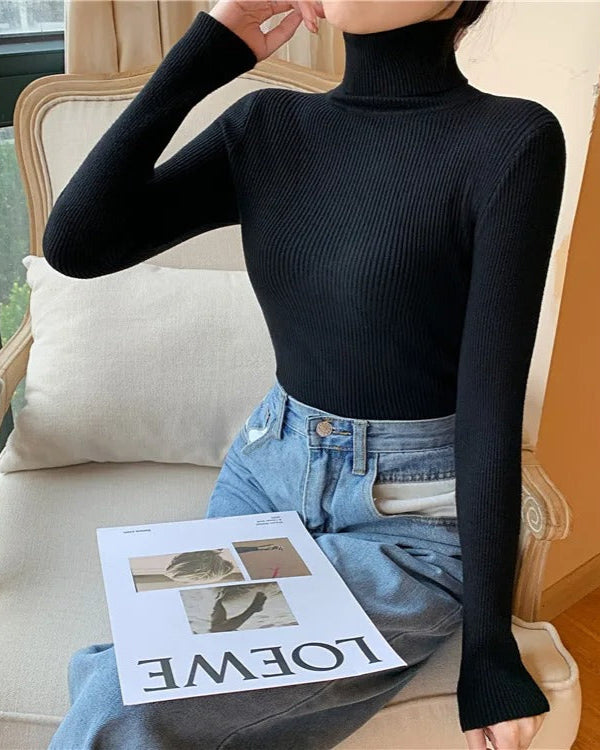 Suéter Feminino Vittore Aurora com Gola Alta e Malha Canelada Ajustada