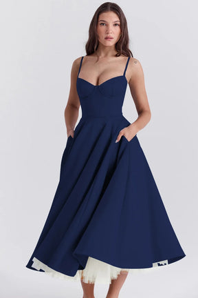 Vestido Feminino Vittore Bruna Midi com Camadas e Alça Fina- Azul