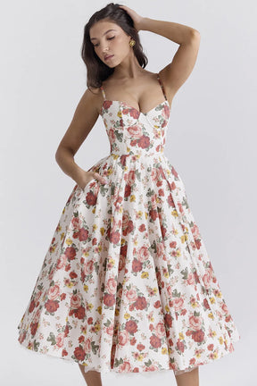 Vestido Feminino Vittore Bruna  Midi com Camadas e Alça Fina- Rose e Estampado