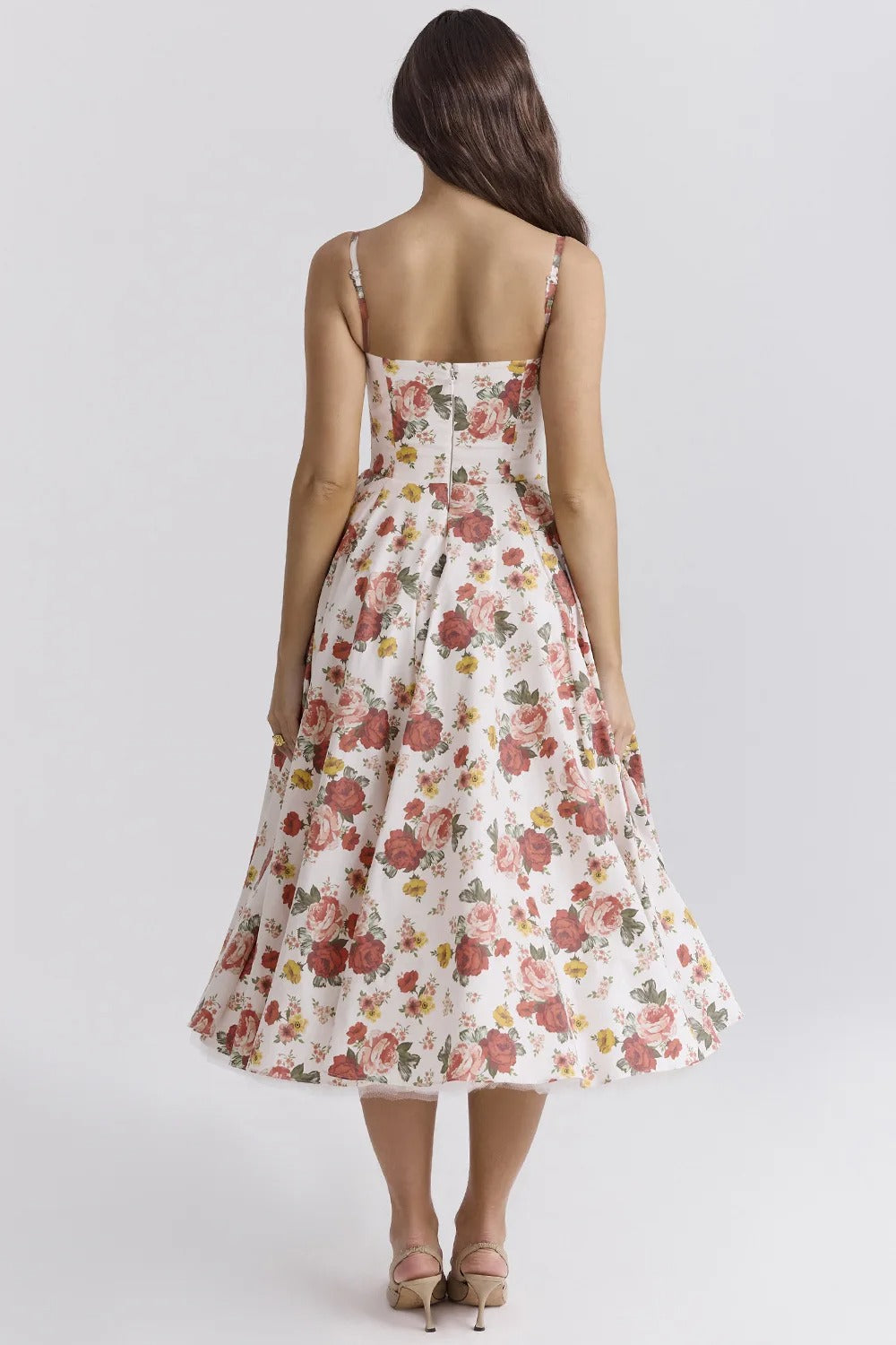 Vestido Feminino Vittore Bruna  Midi com Camadas e Alça Fina- Rose e Estampado