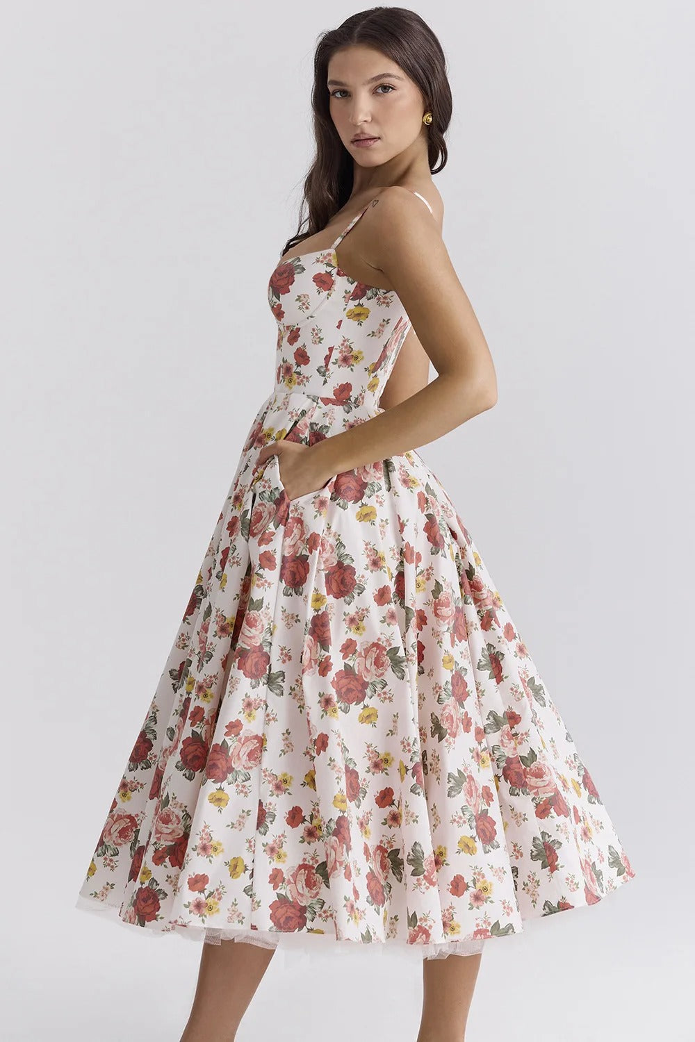 Vestido Feminino Vittore Bruna  Midi com Camadas e Alça Fina- Rose e Estampado