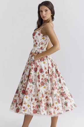 Vestido Feminino Vittore Bruna  Midi com Camadas e Alça Fina- Rose e Estampado