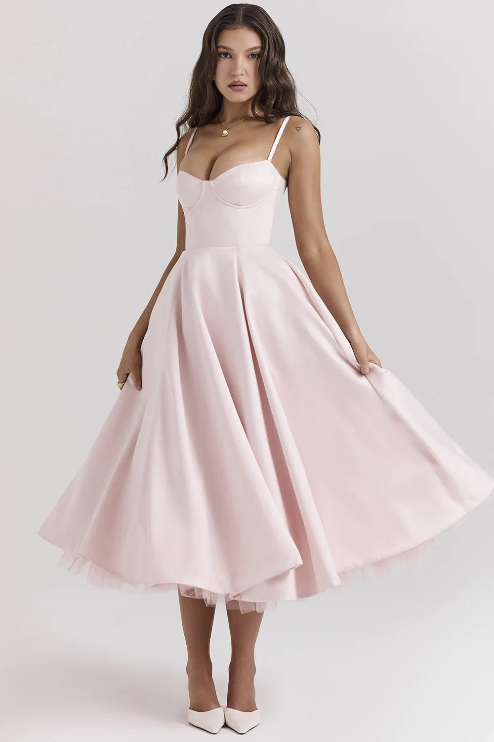 Vestido Feminino Vittore Bruna  Midi com Camadas e Alça Fina- Rose e Estampado