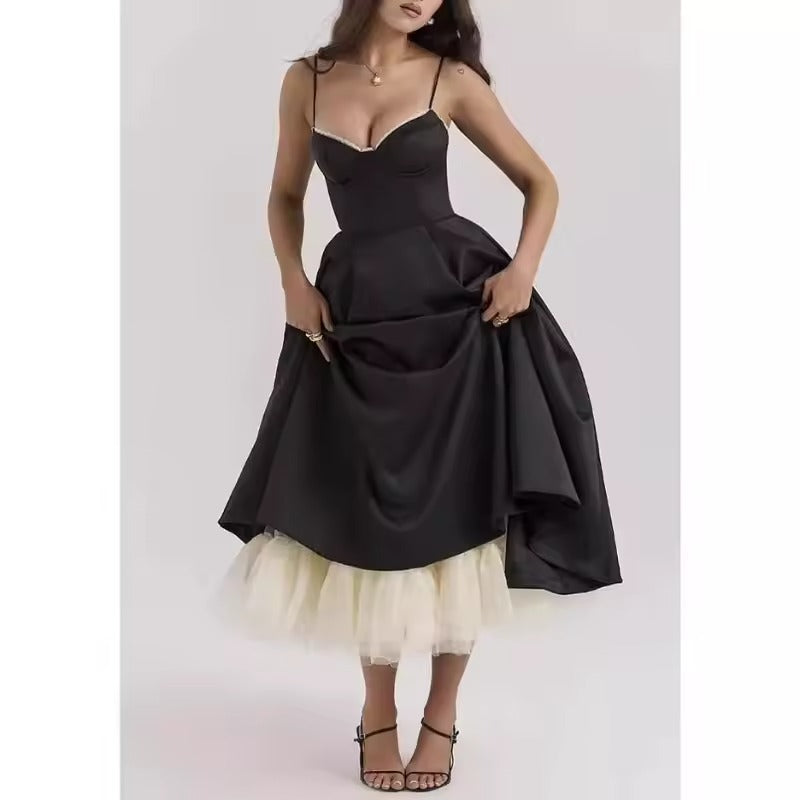 Vestido Feminino Vittore Bruna Midi com Camadas e Alça Fina- Preto Vermelho e Branco