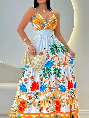 Vestido Maná - Longo Estampado Tropical com Decote em V