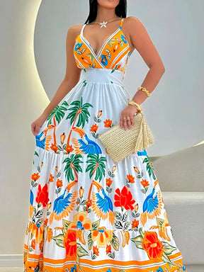 Vestido Maná - Longo Estampado Tropical com Decote em V