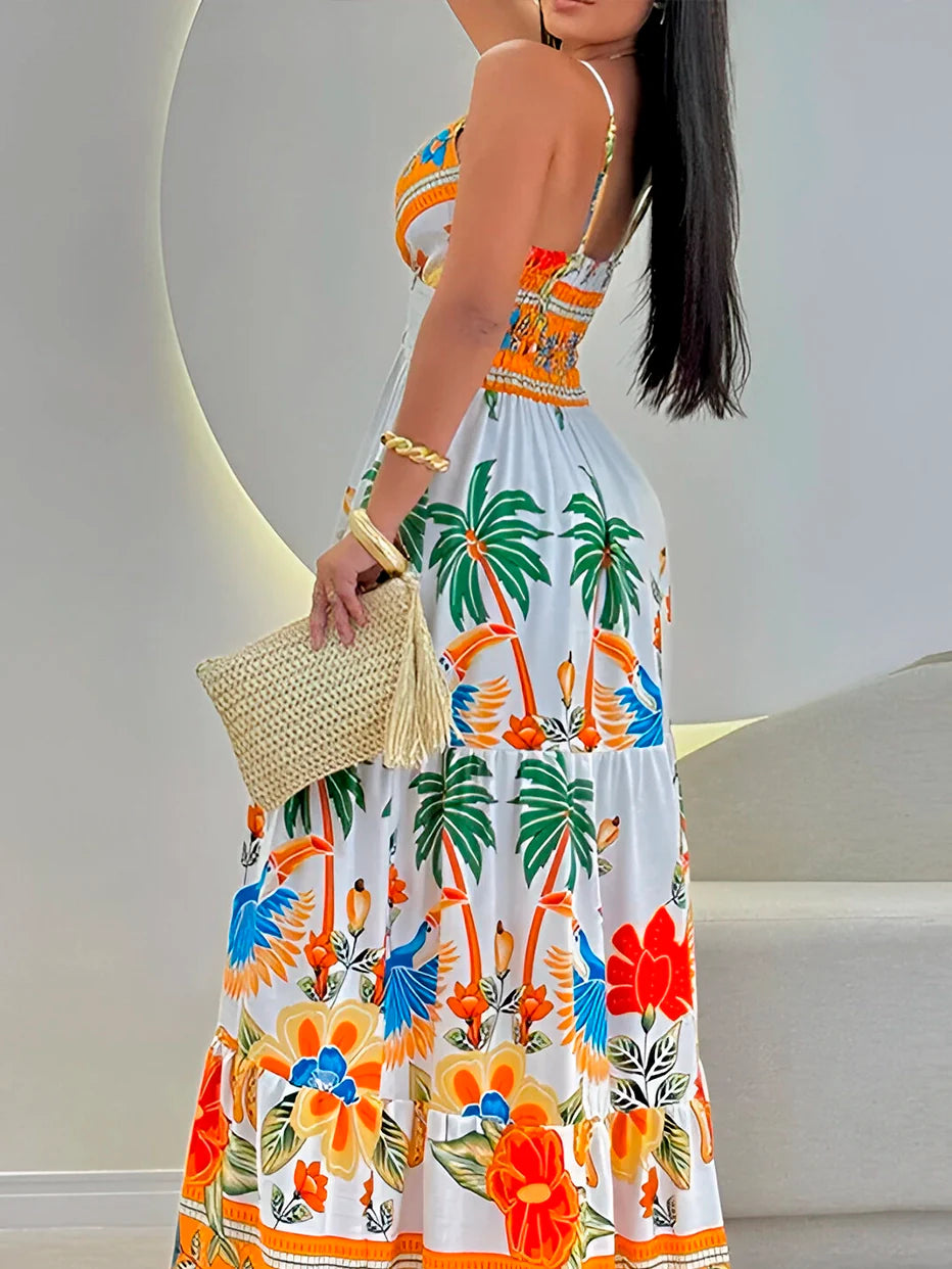 Vestido Maná - Longo Estampado Tropical com Decote em V