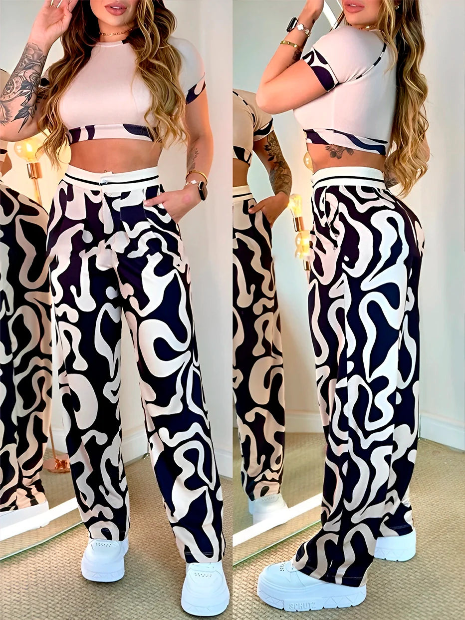 Conjunto Yuzi - Estampado Abstrata - Calça + Top-Vittore Modas