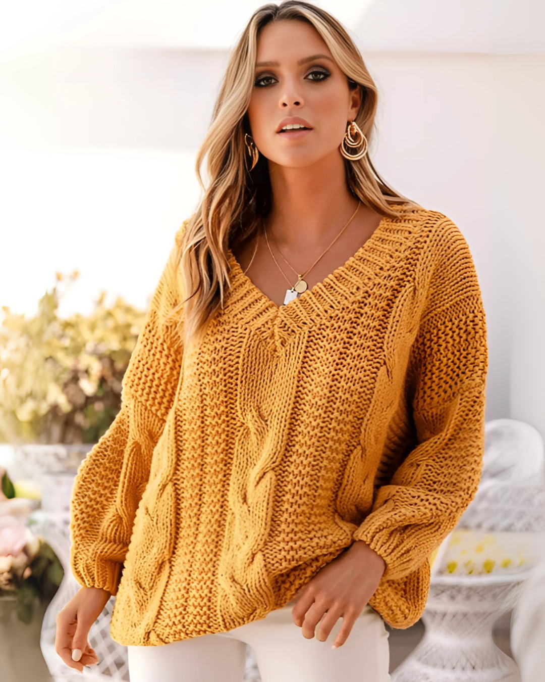 Suéter Feminino Vittore Laís, Tricot Texturizado com Gola V e Manga Longa